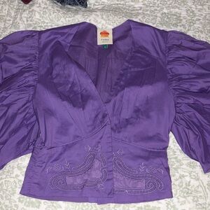 FARM Rio Purple Embroidered V-Neck Puff Sleeve Blouse